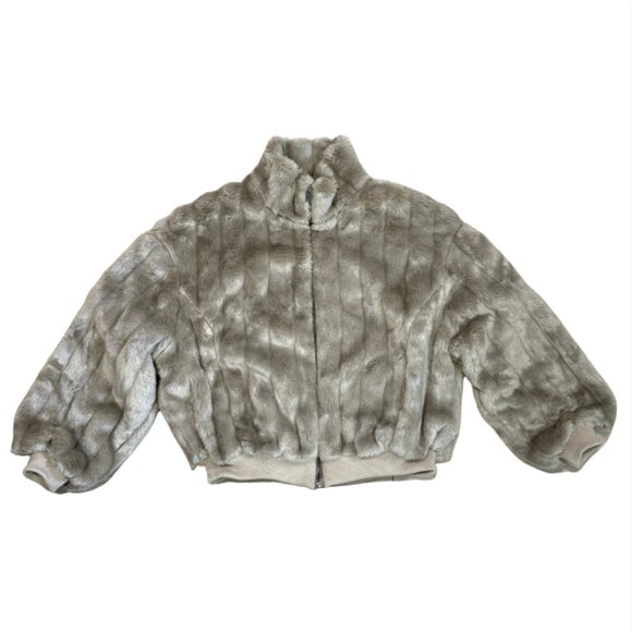 481. THE FRANKIE SHOP Taupe Grey Brown Bomber Faux Fur Jacket EUC Small - Picture 1 of 4
